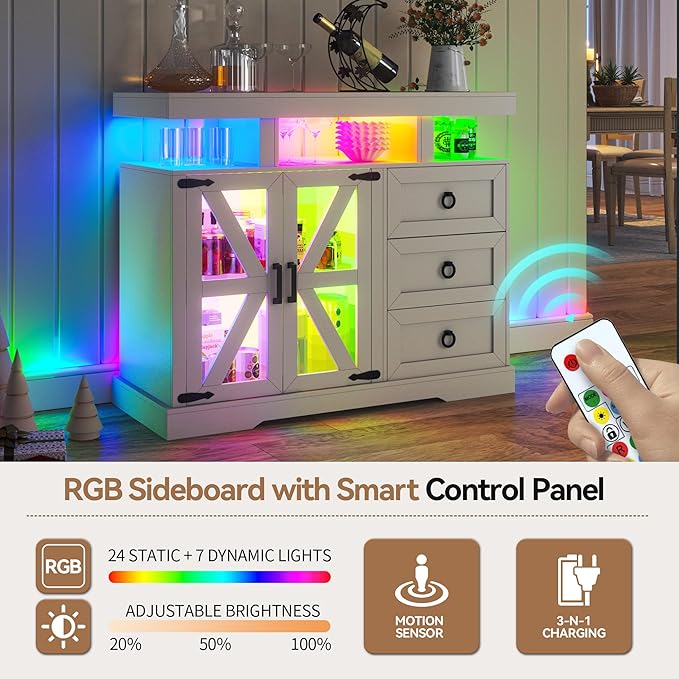 Lvifur LED Farmhouse Sideboard Buffet Cabinet with Storage, Wood Coffee Bar Station Table w/Charging Station, Large Kitchen Storage Cabinet w/Adjustable Shelf and 3 Drawers for Dining Room (White)