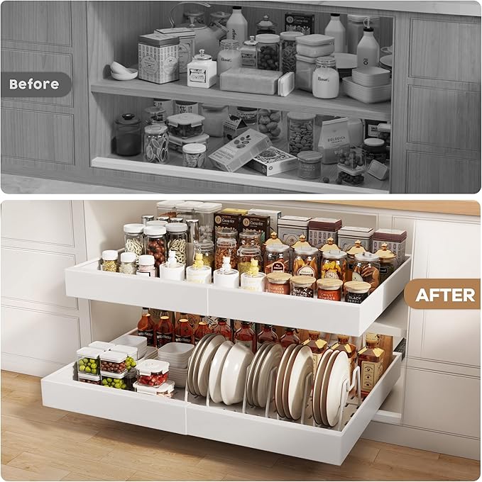 Seinloes 4 Pack Pull out Cabinet Organizer 21" Deep With Raising Pad for Framed Cabinets,Expandable (15.2"-26.3"W) Slide out Drawers for Kitchen Cabinets with 4pcs Divider Racks,Roll out Shelves,White