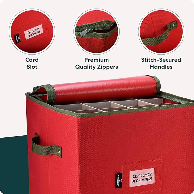 Handy Laundry Christmas Ornament Storage - Stores upto 64 Holiday Ornaments, Adjustable Dividers, Zippered Top, Two Handles. Storage Box Keeps Holiday Decorations Clean and Dry for Next Season. (Red)
