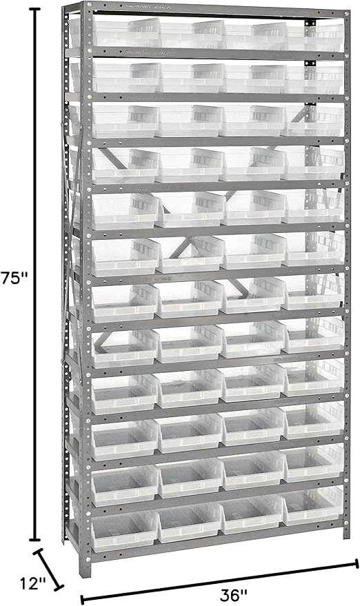 Quantum Storage Systems 1275-107CL Solid Heavy Duty 13 Shelves 48 Economy Clear Bins 75" H x 36" W x 12" D