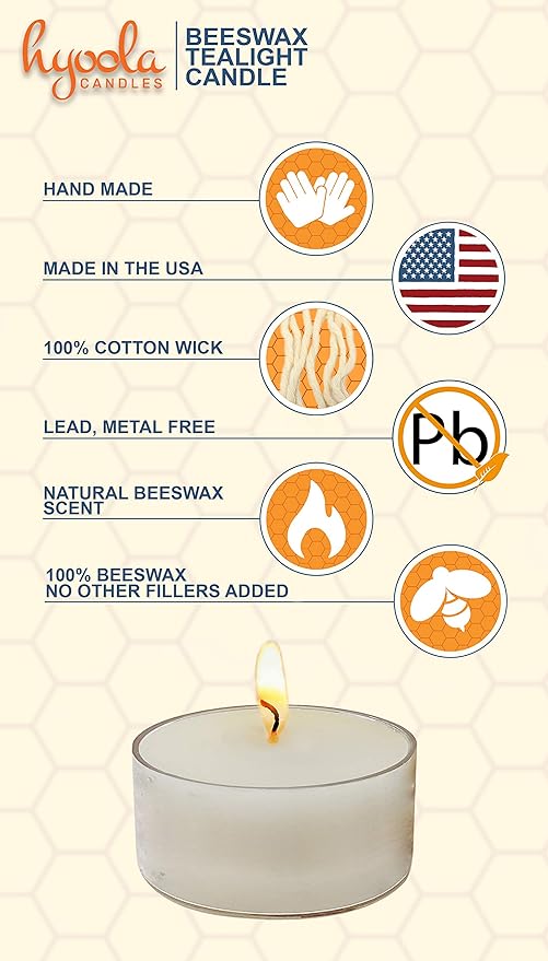 Hyoola Pure White Beeswax Tea Lights, Handmade Decorative Unscented, Tealight Candles, 4 Hour Burn Time, Clear Cup (Pack of 12)