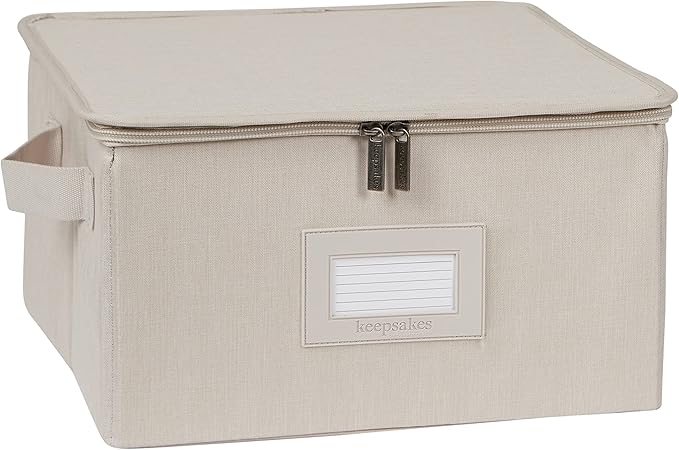 Covermates Dish Storage Box – China & Dinner Plate Storage Container with Dual Zippers, Reinforced Handles, ID Window & Stackable Structured Walls for Dishware Organization, Beige Heather