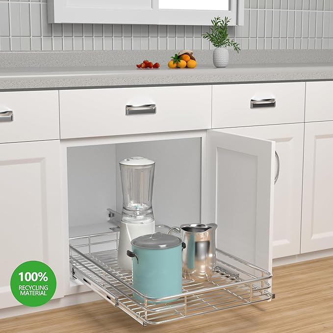 JOWBOOW Pull Out Cabinet Organizer (22.7" W x 21" D), Slide Out Shelves for Kitchen Cabinets, Pull Out Drawers Heavy-Duty Metal Rolling Shelf, Chrome Finish