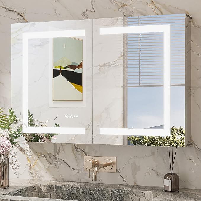TokeShimi 36x24 Lighted Medicine Cabinet Mirror with Outlet, 3 Colors Dimmable Bathroom Mirror Medicine Cabinet Surface or Recessed Mount, Anti-Fog Mirror with Storage for Vanity and Modern Decor