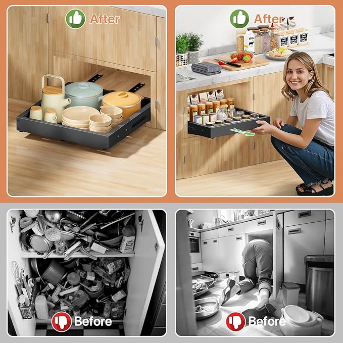 1 Pack Pull out Cabinet Organizer, Width (12"-19") Depth (17"-23"), with 3 Rails Adjustable Slide, Expandable Pullout Drawers for Cabinets, No Drill Adhesive Kitchen Drawers for Pantry Shelves
