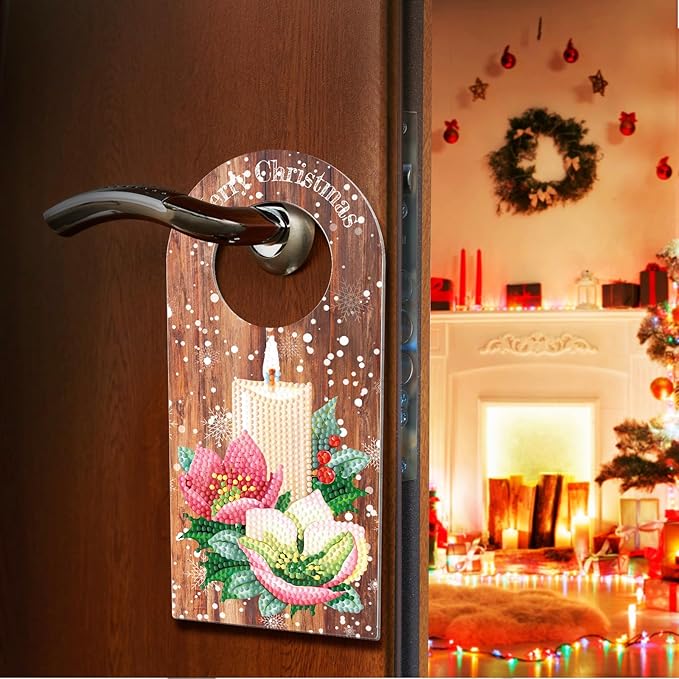 5D Diamond Art Painting Christmas Candle Door Knob Hanger Decorations DIY Kits Wood Diamond Art Christmas Door Handle Hanging Sign Special Shaped Gem Paint by Number Mosaic Home Room Front Door Decor