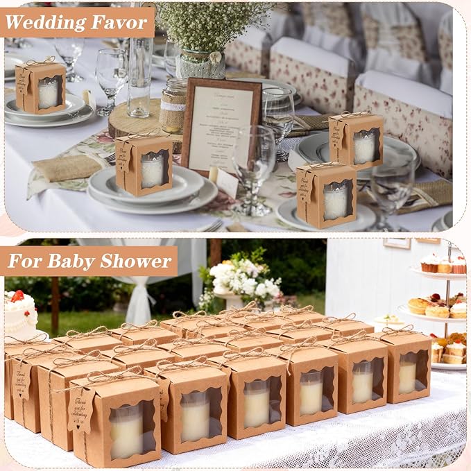 Lemecima 50 Set Candle Gift Box Transparent Gift Packaging Box for 4-10 oz Candles 50 Paper Thank You Tag with Ropes for Wedding Birthday Baby Shower Party Favor, 3.35 x 3.35 x 3.94 in (Brown)