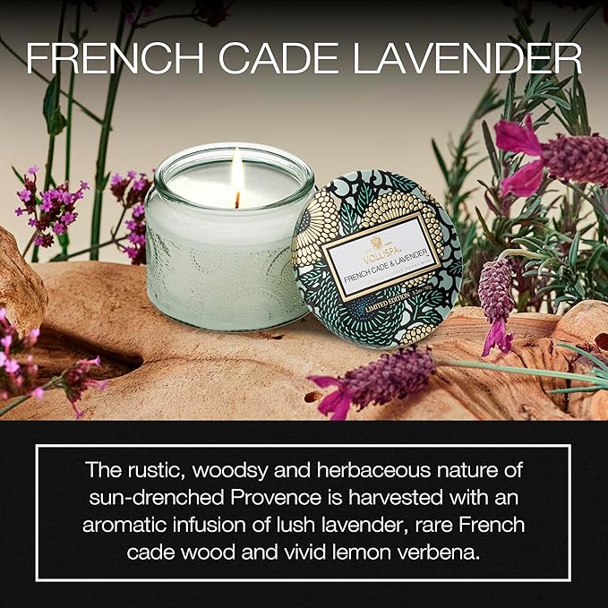 Voluspa French Cade Lavender, Petite Candle Jar, 3.2 oz, 25 Hour Burn Time, Coconut Wax for Clean Burning, Handcrafted in the USA