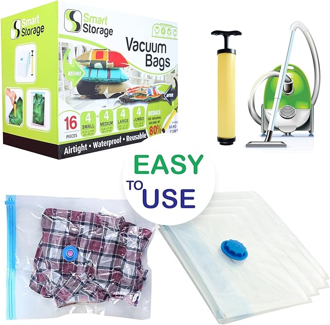 16 Pack Vacuum Storage Bags, Space Saver Bags (4 Jumbo/4 Large/4 Medium/4 Small) Vacuum Sealer Bags for Clothes Storage with Travel Hand Pump