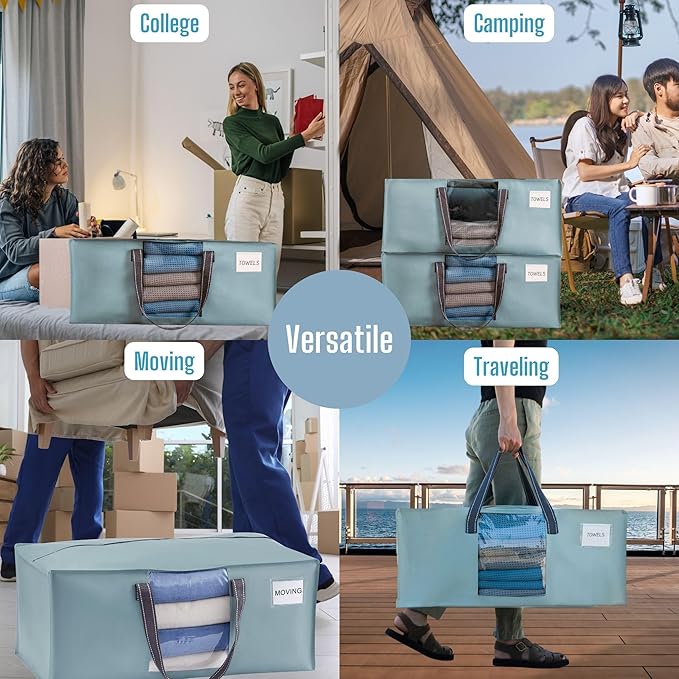 VENO 4 Pack Heavy Duty Moving Bags, Christmas Storage Bins with Lids, Transparent Window Design, Alternative to Moving Boxes, Storage Bags for Clothes, Blankets, Comforters (Light Blue Matte, 4 Pack)