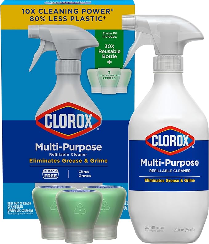 Clorox Multi-Purpose Spray Starter Kit 3x1.125fo, Household Essentials, Concentrated Refill + 20fo Spray Bottle