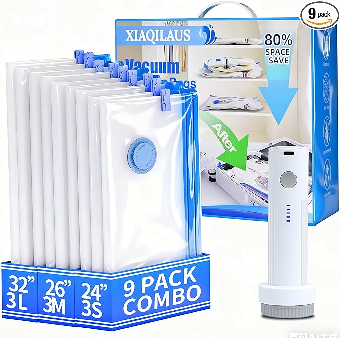Vacuum Sealing Bags for Clothing Travel,Space Saver Vacuum Storage Bags with Wireless Air Pump (9 Combo Bags+Electric Pump)