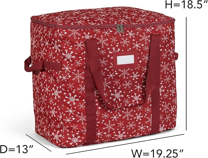 Covermates Keepsakes Adjustable Ornament Storage Bag – Heavy-Duty Polyester, Padded Dividers & FlexGrid Trays – Protective Holiday Ornament Organizer with Handles & Label Window, Red Snowflake