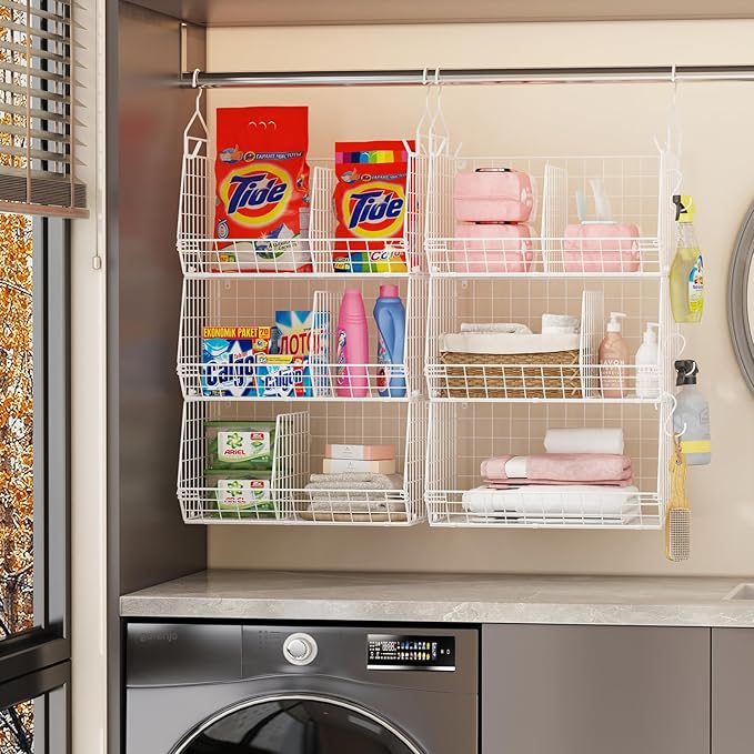 Jautokerdar 6 Tier Extra Large Hanging Closet Organizer, Closet Storage Hanging with Dividers, Wire Closet Shelf with 5 S Hooks 4 Dividers,Sweater Handbag Hat Accessory Storage Hanger,White