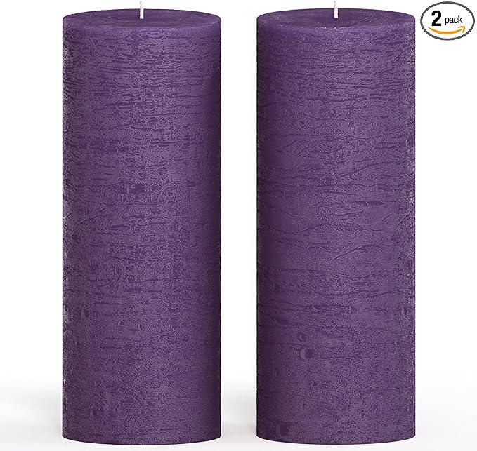 CANDWAX Purple Pillar Candles 3x8 Inch – Set of 2 Unscented Dripless Large Candles, Rustic Finish for Weddings, Events, Interior Styling