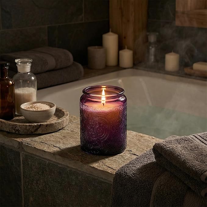 Art Secret 9-Pack 8oz Embossed Glass Candle Jars with Lids and Labels - Sun Moon Stars Design (Purple)