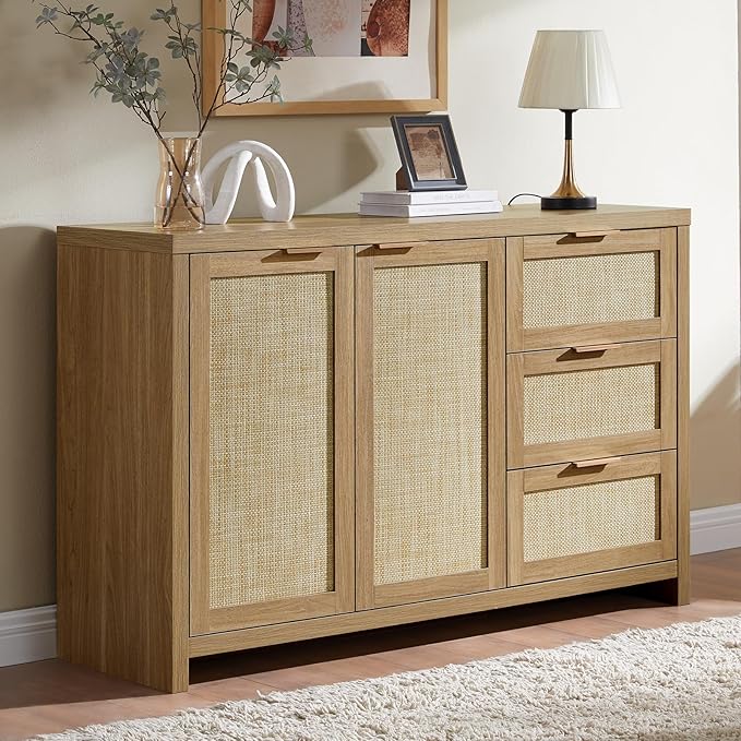 OAKHAM HOME Kitchen Storage Cabinets, Buffet Cabinet with Storage Rattan Sideboard Cabinet Organizer 3 Drawers and 2 Doors Accent Console Table for Kitchen Hallway Living Room bar (Weathered Oak)