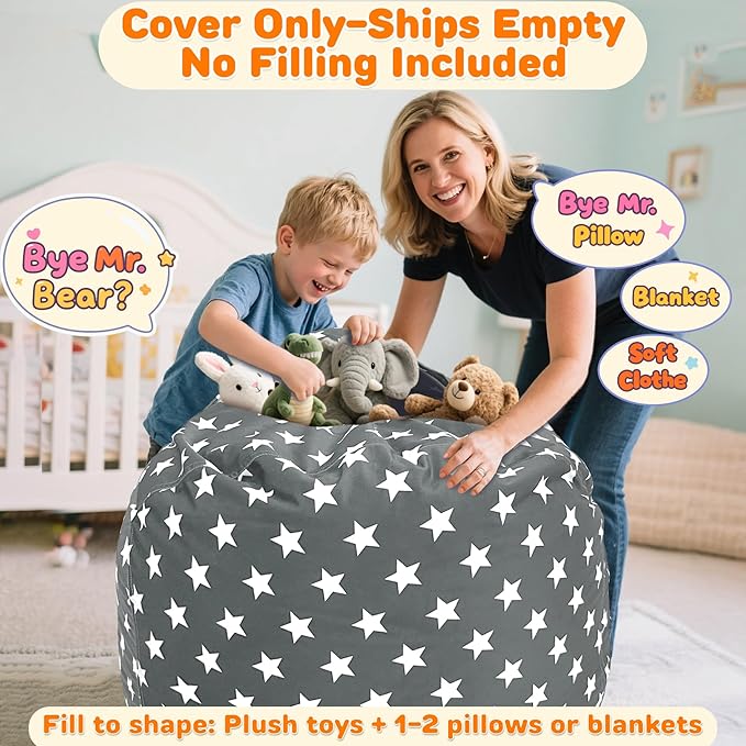 Lukeight Stuffed Animals Storage Bean Bag Chair Cover Only (Ships Empty, No Filling) - Velvet YKK Zipper Beanbag Cover for Kids and Big kids, Washable Plush Toy Organizer, X-Large 30" D x 18" H