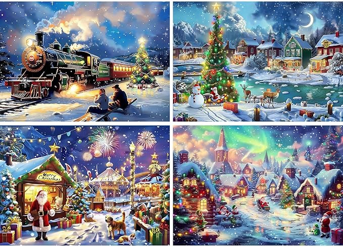 Skyboda 4 Pack Christmas Diamond Art Kits for Adults Beginners, Christmas Night Diamond Painting Kits for Adults,5D Full Drill DIY Diamond Dot Gem Art Kit Wall Home Decor Arts Craft 12x16 inch