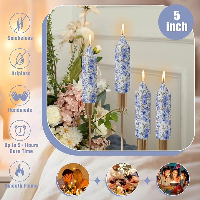 5 inch Short Candle Floral Candle Sticks Printed Candlestick Handmade Unscented Taper Candle 4 pcs Blue Flower Tapered Candles for Home Dinner Wedding Holiday