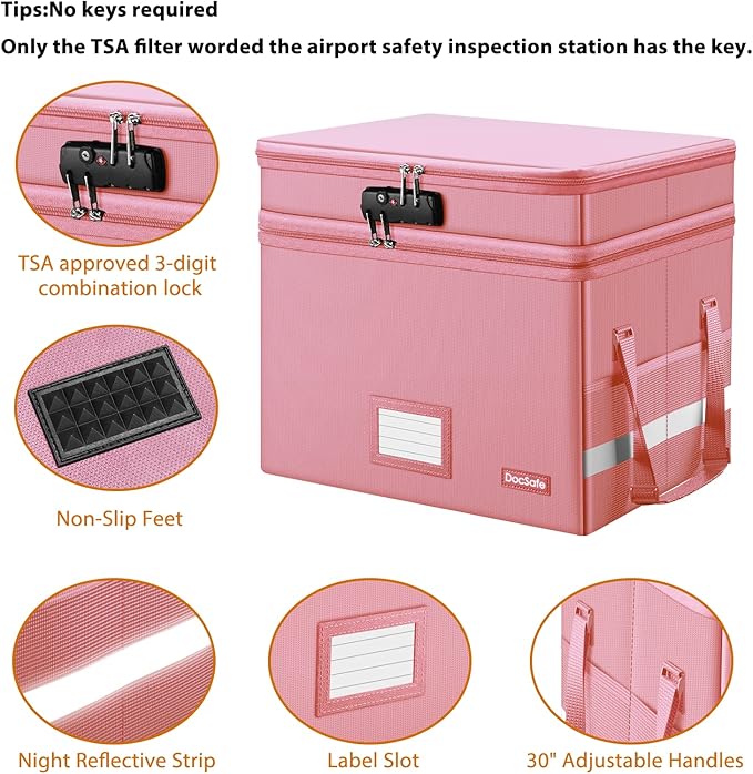DocSafe File Box with Lock,Multi-Layer Fireproof Document Box Collapsible File Storage Organizer with Pockets/Handle,Large Portable Home Office Filing Safe for Hanging Letter/Legal Size Folders,Pink