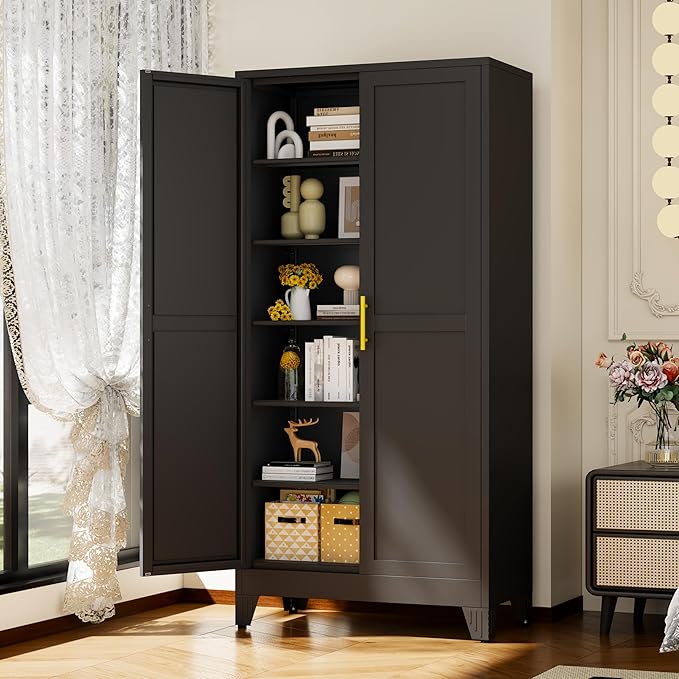 Black Metal Storage Cabinet,75" Steel Cabinets for Home Office, Kitchen Pantry Storage Cabinet with Doors and 5 Adjustable Shelves, Tool Cabinets, for Office, Home, Garage, School, 36W