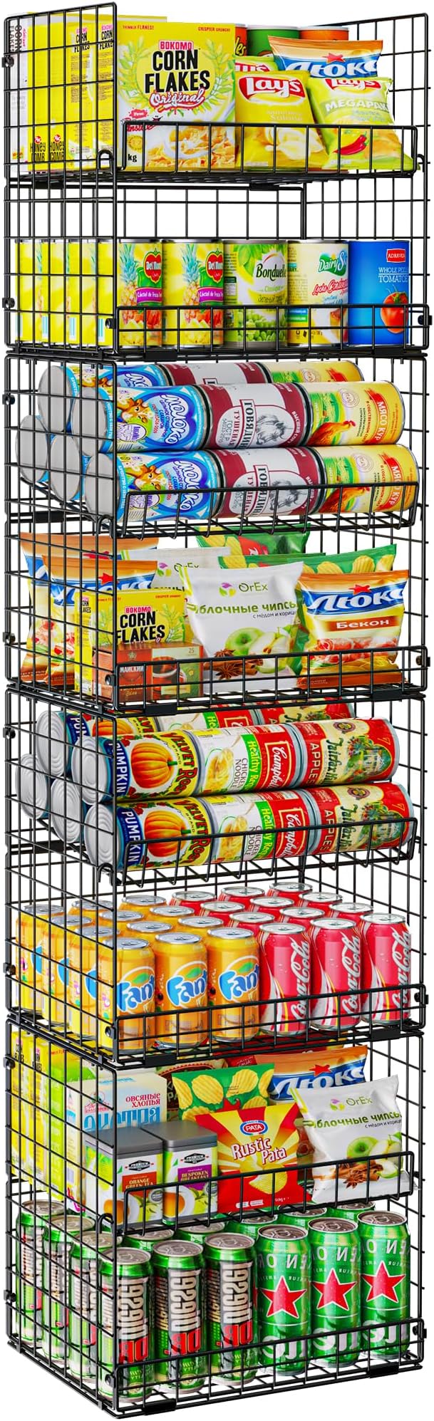JKsmart 8-Tier Stackable Wire Basket, Can Organizer for Pantry Kitchen, XXL Metal Storage Shelves with Dividers & Handles, Easy Assembly Space Saving Storage Bins for Snacks Fruits Veggies