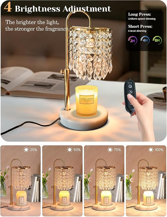 Candle Warmer Lamp with Timer Dimmable, Birthday Gifts for Women, Wax Melt Warmer for House Warming Gifts New Home Decor, Adjustable Height Crystal Candle Lamp for Jar Candles with 3 Bulbs, Gold