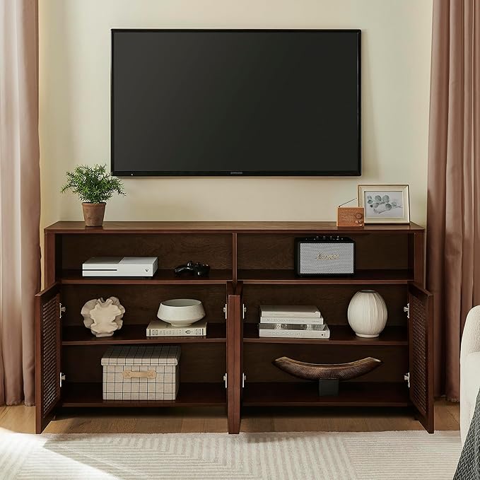 Amposei 63’’ Rattan Sideboard Cabinet, Boho Mid Century Modern Credenza Buffet Table & TV Console with Adjustable Shelves and Open Storage for Living Room, Hallway, Entryway, Kitchen & Dining, Walnut