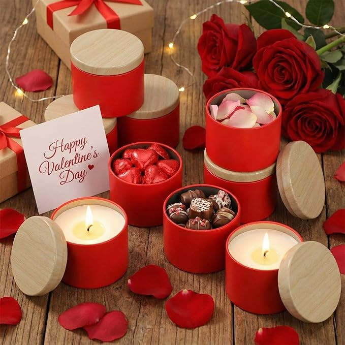 Honeydak 36 Pcs 4oz Red Candle Jars Bulk Candle Tins Small Empty Containers with Metal Wood Grain Printing Lids for Making DIY Jars Storage Wedding Gifts