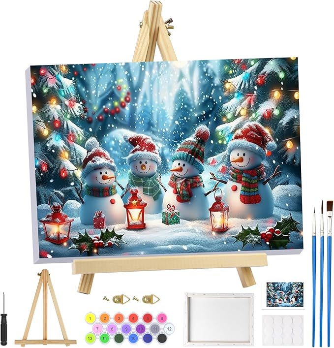 MOGTAA Christmas Paint by Numbers Kit for Adults Beginners with Frame, Snowman Adult Paint by Number Kits on Canvas with Easel, Easy DIY Xmas Winter Oil Painting Kits for Home Decor, 8x12in