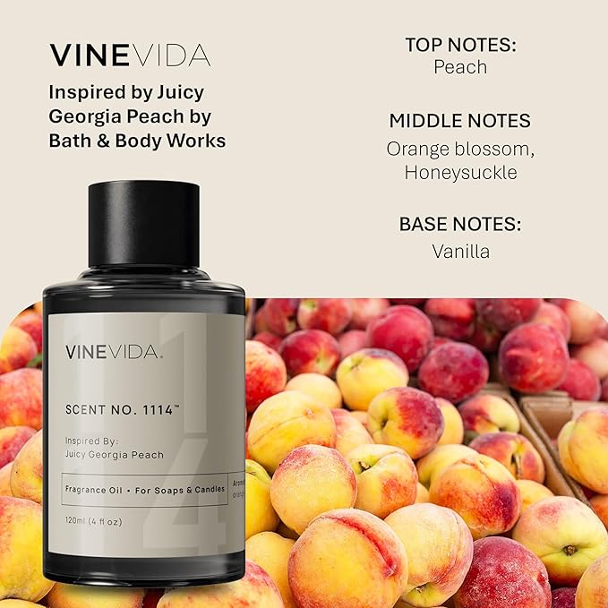 VINEVIDA [4oz] Juicy Georgia Peach Fragrance Oil for Candle Making and Soap Making - Premium Candle Scents for Soy Candles