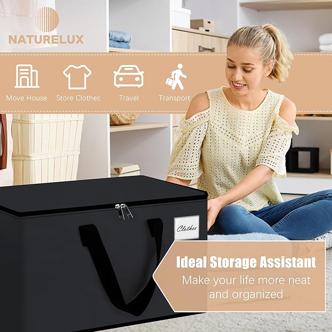 NATURELUX Heavy Duty Moving Bags - Extra Large Packing Bags and Storage Totes, Collapsible and Foldable Option for Moving and Storage, Black, 93 L - 6 Pack
