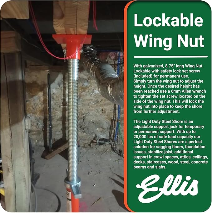 Ellis Manufacturing Light-Duty Steel Construction Jack - Adjustable Screw Jack Post for Floor Leveling, Beams, and Concrete - 12,000 lb Load Capacity - 37"-61" Adjustment, House Jacks for Leveling