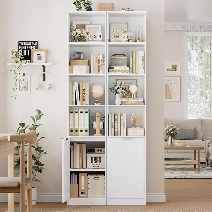 FACBOTALL 73.5" Tall Narrow Bookshelf, Tall Bathroom Storage Cabinet, Slim Bathroom Cabinet with Doors, 6 Tier Slim Bookshelf with Storage, Narrow Storage Cabinet for Living Room, Home Office, White