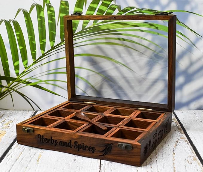 India House-Wooden Spice Box/Rose Wood Engraved Spice Boxes Housewarming Gift, Mother’s Day Gift seller MADE IN INDIA- 12 container