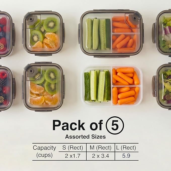 BPA-Free Plastic Airtight Food Storage Containers with Vented Lids, 5-Pack Assorted Sizes (2×1.7, 2×3.4 & 1×5.9 Cups) for Meal Prep and Leftovers