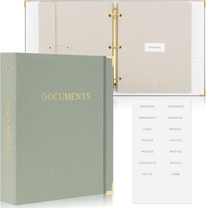 Sturdy Document Organizer Set with Folders - Beautiful Linen 3-Ring Binder Safely Stores All Important Documents & Files in One Place - Easy to Use Expanding Storage Incl. Envelopes, Pockets & Labels