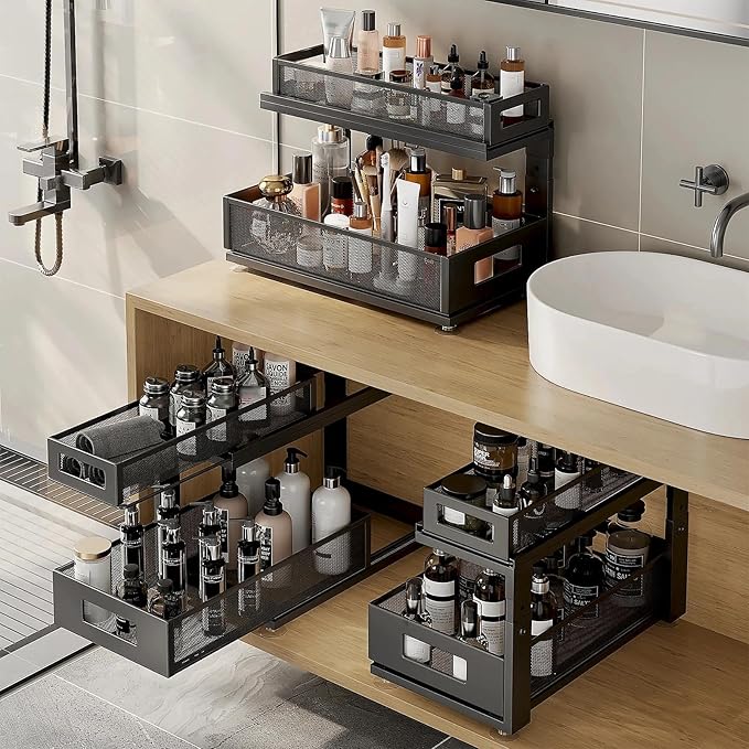 2 Pack 18.5IN-Depth Under Sink Organizer With Next-Gen Ball-Bearing Slides,2-Tier Pull Out Cabinet Storage,Height Adjustable Drawer Shelf for Bathroom,Kitchen,Laundry,Cabinet,Pantry-Black