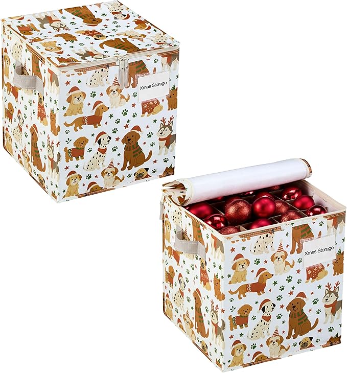 VENO 2 Pack Christmas Ornament Storage Box, Stores up to 64 Holiday Ornaments, Adjustable Dividers, Zippered Top, Storage bins with lids for holiday decorations-3 Inch Cube Compartments (Holiday Pups)