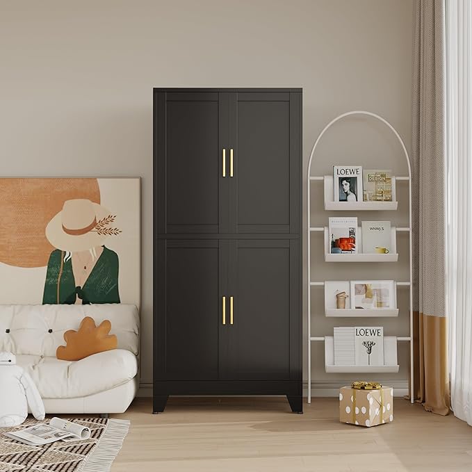 47“H Black Metal Bathroom Storage Cabinet, Kitchen Pantry Cabinet with Doors and 3 Adjustable Shelves, Bathroom cabinets Organizer, for Home Office, Bedroom