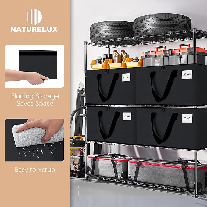 NATURELUX Heavy Duty Moving Bags - Extra Large Packing Bags and Storage Totes, Collapsible and Foldable Option for Moving and Storage, Black, 93 L - 6 Pack
