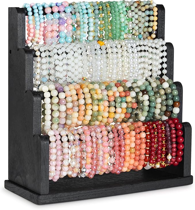 Emfogo Bracelet Holder, 4 Tier Bracelet Organizer Storage for Bracelets Bangles Watch Scrunchies, Rustic Wood Jewelry Organizer Display for Home, Vendors, Craft Shows and Store(Black)