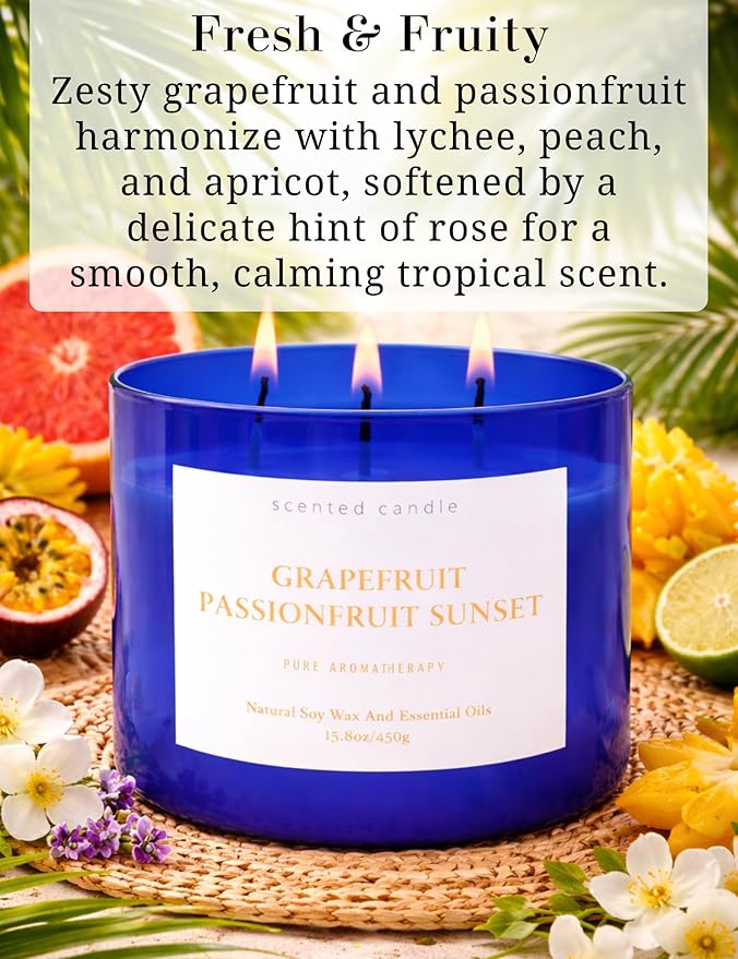 Grapefruit Passionfruit Sunset 3-Wick Soy Candle | Large Aromatherapy Scented Candle for Home 15.8oz | Fresh Tropical Citrus Stress Relief Candle | Clean Burn | Relaxation Gift for Women & Men
