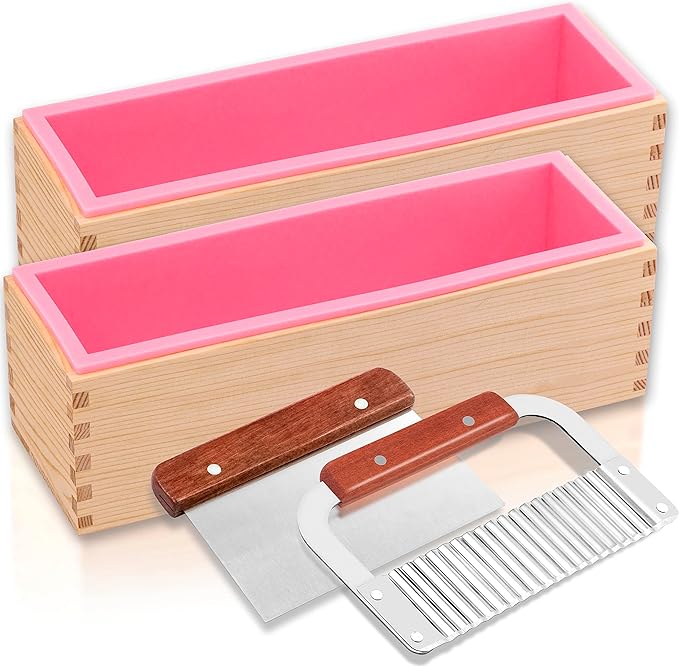 Lerykin 2 pcs Rectangular Soap Molds Kit with Cutters - 42oz Flexible Silicone Loaf Soap Mold with Wooden Box, Stainless Steel Wavy & Straight Scraper for Homemade Craft Soap Making Supplies