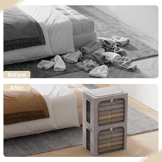 FHSQX 2 Pack Clear Window Storage Bins - Large Stackable Linen Fabric Storage for Clothes Foldable Container Organizer Set with Carrying Handles (Light Gray, 16.5x 12.2x 12.2Inch)