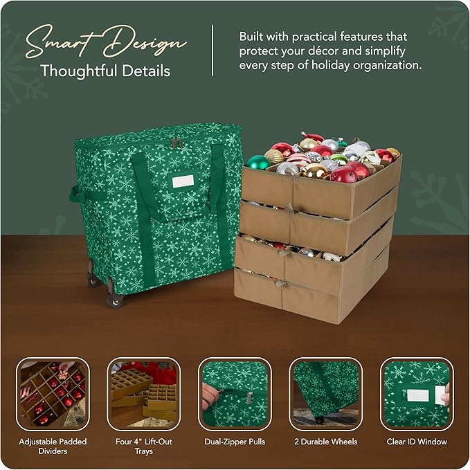 Covermates Keepsakes Rolling Adjustable Ornament Storage Bag – Heavy-Duty Polyester, FlexGrid Trays & Padded Dividers – Protective Holiday Organizer with Wheels, Handles & ID Window, Green Snowflake