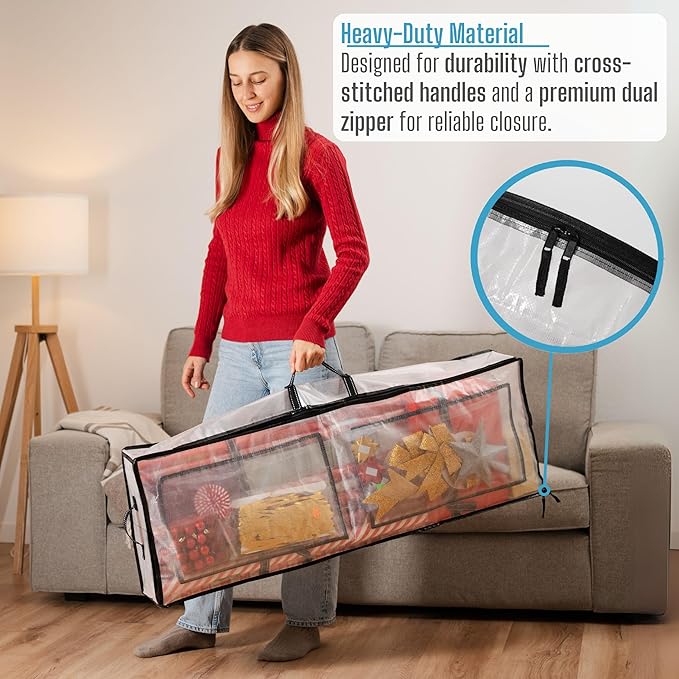 VENO Clear Wrapping Paper Organizer Storage Box for Christmas Gift Bags and Holiday Accessories, Underbed Storage Container with Interior Pockets, 40 Inches Long Fits 24 Rolls