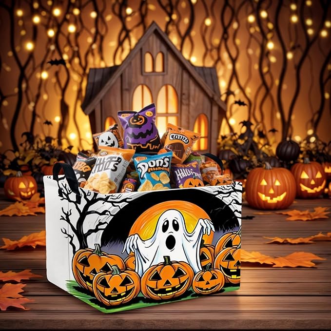 Large Halloween Basket Gift Cute Ghost Pumpkin Parties Decor Kid Trick or Treat Basket for Boys and Girls Rectangular Storage Bin Box (Great Ghost)