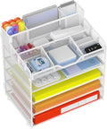 Docnest 5 Tier Mesh Desk Organizer for Paper Office Supplies – Multi-Functional Letter Tray with 5 Adjustable Compartments, 3 Pen Holders, Desktop Storage for Files, Mail, Stationery – White